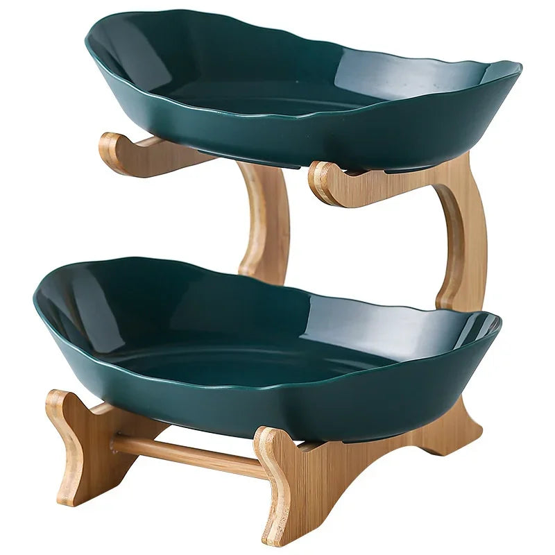 Dreistöckiges Tafelgeschirr, Geschirr, Obstschale aus Holz für die Küche mit Boden, unterteilter Teller, Snack-, Süßigkeiten-, Tortenständer, Salatschüssel ua